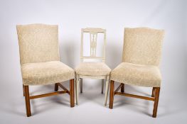 A pair of contemporary Georgian style upholstered dining chairs and one other.