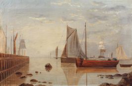 A 19th century/early 20th century, oil on canvas, harbour scene with boats.
