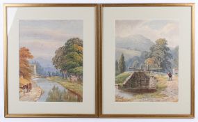 A pair of 19th century watercolours, rural canal scenes. One signed and dated 'A.