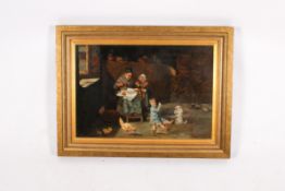 A 19th century oil on canvas, family in a cottage. Indistinctly signed 'F.