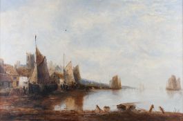 A 19th century oil on canvas, boat at harbour.
