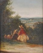 An oil on canvas of figures on a hill overlooking a view. Unsigned, 20cm x 16cm, framed, 33.