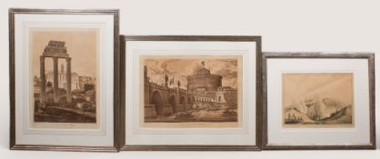 Three 19th century aquatints. Comprising J. Gleadah, 'Bridge and Fort of St Angelo', J.