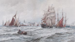 Thomas Bush Hardy (1842-1897), watercolour, rowing boat and ships in rough waters.