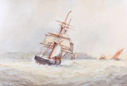 Frederick James Aldridge (1850-1933), watercolour, boats at sea accompanied by seagulls.