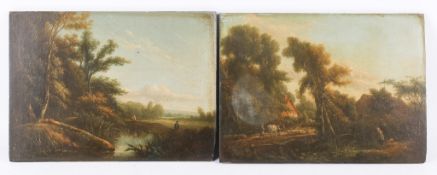 Attributed to Joseph Farington (British, circa 1749-1820), oil on board, two bucolic scenes.