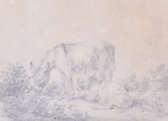 George Morland (English, 1763-1804), pencil drawing, two donkeys grazing. Monogrammed 'G. M.
