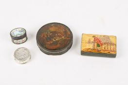 Four small papier mache, wood and metal boxes, 18th century and later.