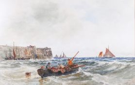 Thomas Bush Hardy (1842-1897), watercolour, fishermen mending nets in a boat.