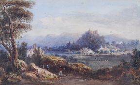 A 19th century watercolour, rural landscape with a castle on a hill in the distance.