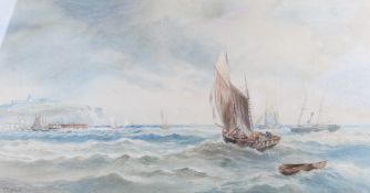 Thomas Bush Hardy (1842-1897), watercolour, boats approaching the cliffs of Dover.