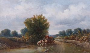 Henry Harris (British, 1852-1926) oil on board, rural landscape with figures in a horse drawn cart.