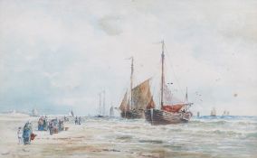 Thomas Bush Hardy (1842-1897), watercolour, figures and boats at the beach.