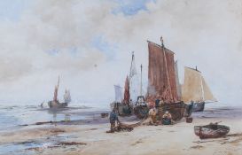 Thomas Bush Hardy (1842-1897), watercolour, 'Mending Nets, Berek-sur-Mer, Holland'.