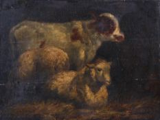 A late 18th/early 19th century oil on board, farm animals in a barn.