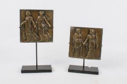A pair of contemporary cast bronze plaques. Depicting classical female couples, 10cm x 10.