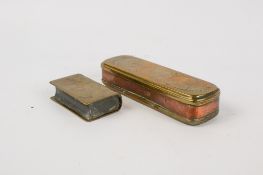 An 18th century Dutch copper and brass tobacco box and a brass trench art Boer War period snuff box.