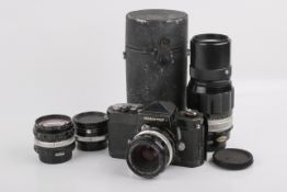 A Nikkormat FTN 35mm SLR camera outfit. Black. Serial number FT 4260283.