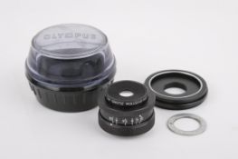 An Olympus OM-System 38mm f3.5 Zuiko MC Macro lens. Serial number 204094. Optics G, functions well.