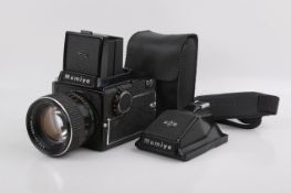 A Mamiya 645M 6x4.5 medium format SLR camera. Serial number J44015. With a Mamiya-Sekor C 80mm f1.