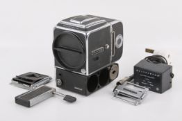 A Hasselblad 500 EL/M 6x6 medium format SLR camera body. Serial number UUE 34604.