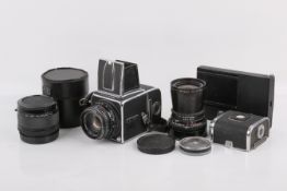 A Hasselblad 500C 6x6 medium format SLR camera outfit. Body serial number TU 78369, 1967.