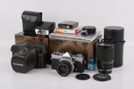 An Olympus OM-1N 35mm SLR camera outfit. Chrome. Serial number 1931357.