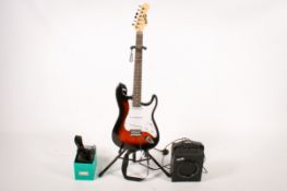 Rock Jam electric guitar, stand, amp (RJ10WAR2) and cables.