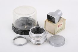 A Leitz 35mm f2.8 Summaron lens and viewfinder set. Leica M mount. Chrome. Serial number 1677809.