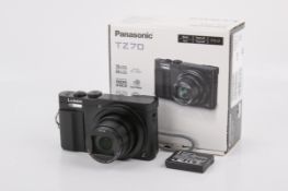 A Panasonic Lumix TZ70 compact digital camera. Black. Powers on, shutter working.