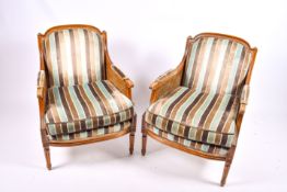A pair French bergere mahogany style armchair with stripped blue & brown upholstery.