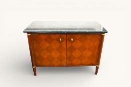 A contemporary Regency style marble top sideboard with checkerboard marquetry pattern doors.