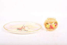 Hand-painted Minton oval dish, signed R Shufflebotham and a Royal Worcester globular vase.