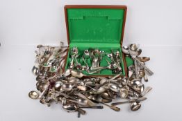 A quantity of silverplated flatware. Various makers and patterns, including a canteen.
