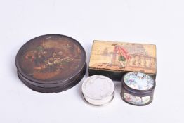 Four small papier mache, wood and metal boxes, 18th century and later.