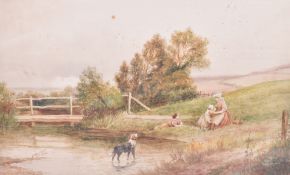 J Barday (1884- ?) - watercolour, countryside and stream.