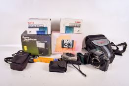 An assortment of cameras and accessories.