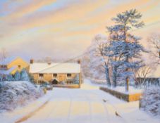 David J Young (20th century) - Winter on New Rock Road, Chilcompton. Signed limited edition print.