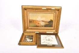 An assortment of three framed artwork.