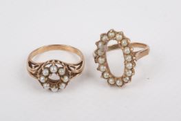 Two 9ct gold seed pearl rings, both missing central stones.