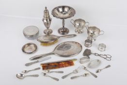 A collection of silver and white metal table and dressing table items.