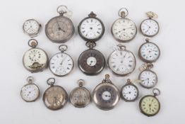Sixteen vintage silver pocket watches and a silver watch case.
