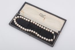 A necklet of cultured freshwater pearls strung to a sterling silver clasp.