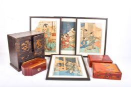 A collection of assorted Japanese items. Including lacquer boxes and prints, etc.