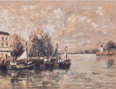 French harbour scene, signed limited edition print.