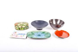 A group of modern oriental pottery bowls and enamelware dishes, etc. Including a paper mache box.