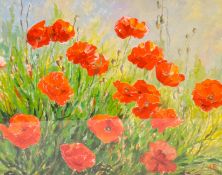 Alison Proctor (20th century) - 'Poppies', oil on canvas board. 'A. P.' lower right.