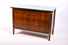A contemporary Regency style marble top sideboard with checkerboard marquetry pattern doors.