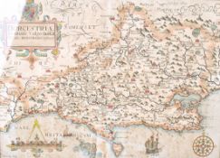 A 17th century map of Dorset. Designed by John Speed (1552-1629), printed with later colouring, 30.