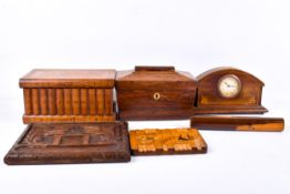 An assortment of treen. Including a mantel clock with marquetry decoration, H12.